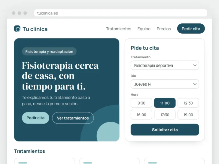 Captura ilustrativa de la web de una clínica de fisioterapia, con sus tratamientos y un formulario para pedir cita eligiendo tratamiento, día y hora.