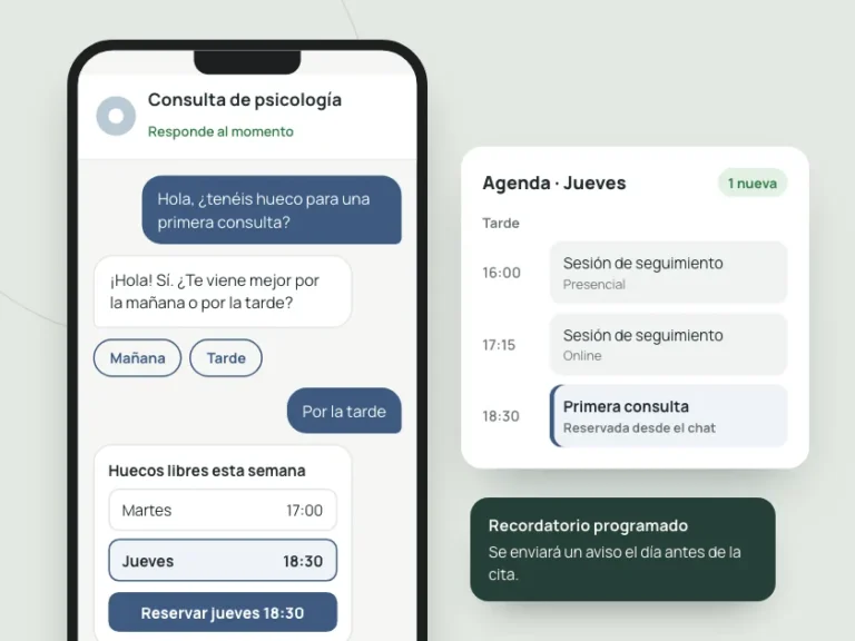 Captura ilustrativa de un chat de atención de una consulta de psicología que ofrece huecos libres, junto a la agenda donde aparece la nueva cita reservada.